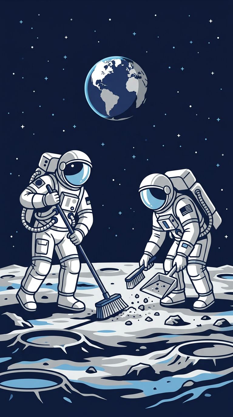 Illustration of two cleaners in space suits cleaning the surface of the moon, with Earth in the sky